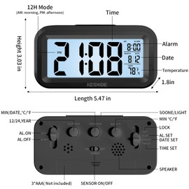 KESHIDE Night Light Digital Alarm Clock Battery Operated with Indoor Temperature, Desk Small Clock,Snooze Model,12/24H Display for Bedrooms Heavy Sleepers Kids Travel Bathroom (Black)