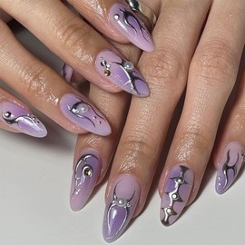 24 Pcs Purple Press on Nails Medium CEWEWP Almond Fake Nails Pearl Silver Flames Designs False Nails Glossy Nails Acrylic Nails Full Cover Stick on Nails Cute Nails for Women Girl Art