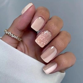 24pcs Sweet Fake Nails, Tender Pink Press On Nails With Snowflake Sequin Glue On Nails, Full Cover Short Square False Nails For Women Girls Daily Wear Manicure Nail Art Nail Care Nail Polish