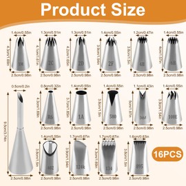 Set of 16 Large Stainless Steel Piping Nozzles, Professional Nozzles for Piping Bags, Medium Puff Nozzles, Flower Piping Nozzles, Tips Nozzles, etc. Decoration Attachments for Cakes, Cakes, Cupcakes