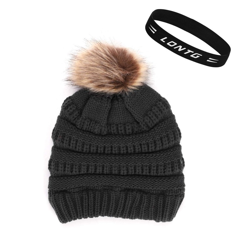 Women Winter Warm Beanie Hat Knitted Faux Fur Pom Pom