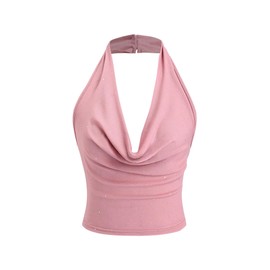 SOLY HUX Women's Halter Top Sparkly Sexy Backless Party Crop Tops Club Rave Festival Outfits Black Pure Pink Small