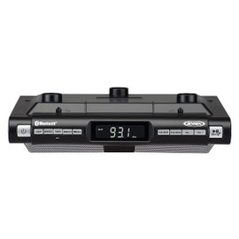 Jensen Modern Wireless Under Cabinet Kitchen Universal Bluetooth Music System, FM Radio, Clock LCD Digital Display, Built-in Hands-Free Mic & Speakers (Includes Mounting Hardware)