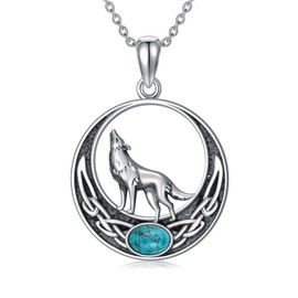 Reaii Natural Turquoise Wolf Necklace for Women 925 Sterling Silver Celtic Norse Viking Wolf Pendant Turquoise Wolf Nordic Vikings Jewelry Wolf Gifts for Mom Wife