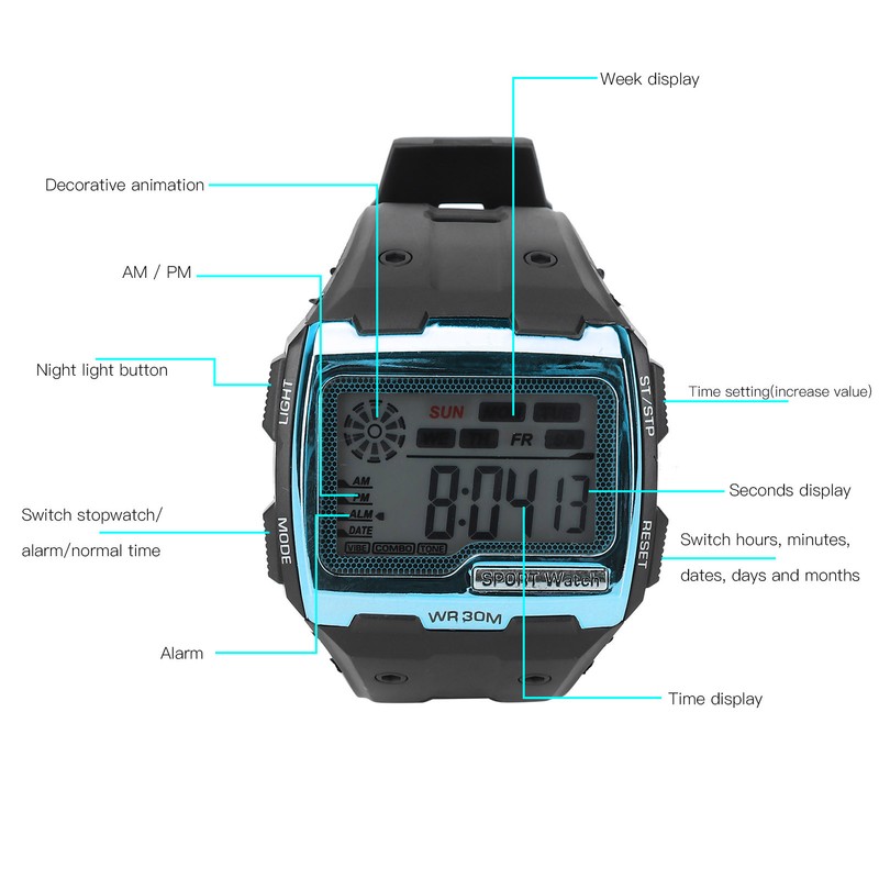 Digital Sports Watch Large Dial Night Light Waterproof Dual Time