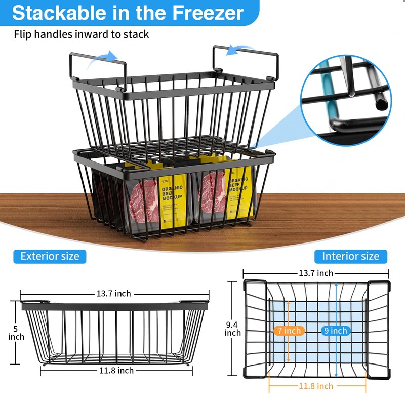 Wrrlors 4 Pack Freezer Organizers Bins,Black Stackable Upright Baskets