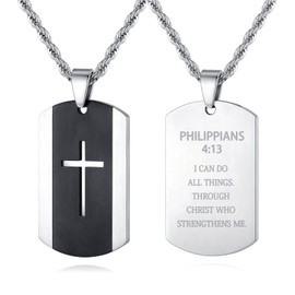 REVEMCN Black Silver Stainless Steel Dog Tag Cross Necklace for Men Featuring Lord's Prayer Bible Verse Cross Pendant with 20-24 Inch Rope Chain, Inspirational Jewelry Gift for and Men (PHILIPPIANS 4:13 - Silver, 20 inches + 5 inches)