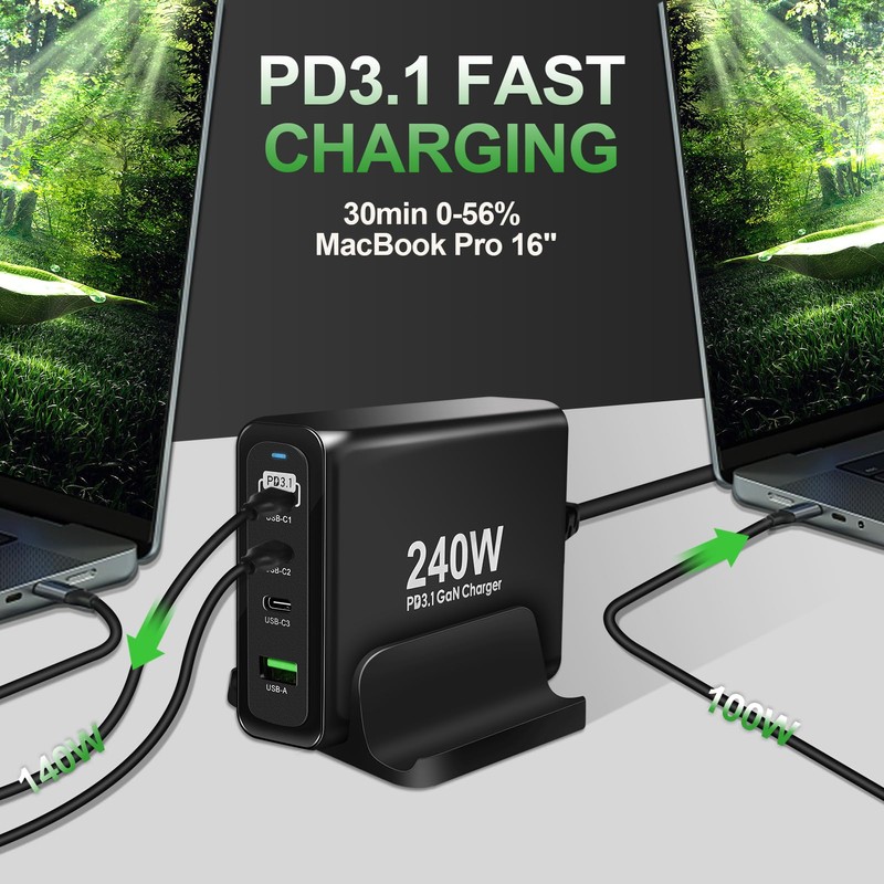 GEWUCHARGER Charger, 4-Port 240W Charger, USB-C X3 & USB-A, USB