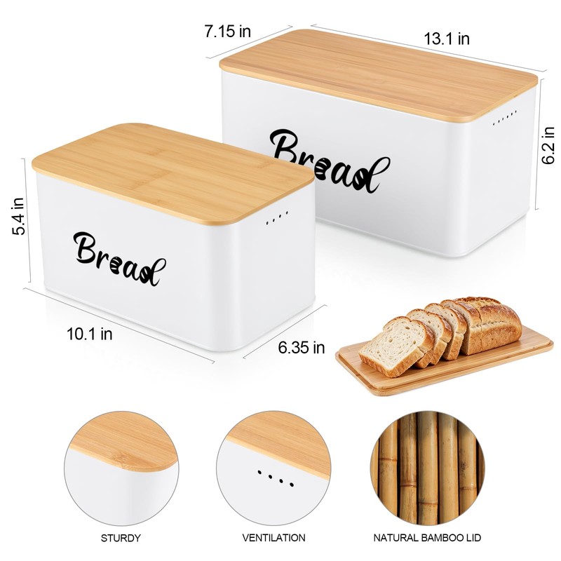 Metal Bread Box Set of 2 with Bamboo Lid, Modern