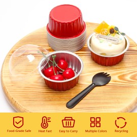 Red Cupcake Liners Muffin Tins 50 Pack,Free-Air 5oz Aluminum Foil Baking Cups with Lids,Disposable Ramekins Cupcake Pans,Jumbo Muffin Liners Cupcake Cups for Custard Mini Pie,with 50 Spoons-Red