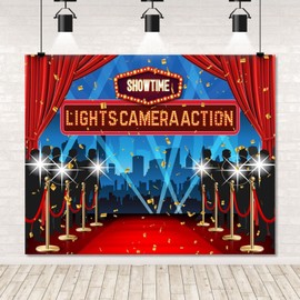 Lights Camera Action Backdrop 10x8ft Movie Night Theme Red Carpet Awards Ceremony Decorations Photography Background Dress-up Birthday Party Banner Photo Booth Prop