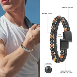 jagosen Leather Bracelet for Men Tiger Eye Pearl Bracelet Men's Black Magnetic Bracelet Wrap Bracelet Men's Gifts for Men, Leather