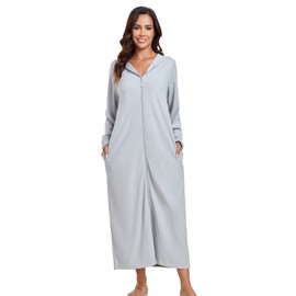 COLORFULLEAF Women's Zip Up Robes Long Sleeve Hooded Fleece Bathrobe Soft Warm Housecoat Loungewear with Pockets(Light Grey,2XL)