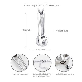 memorial jewelry Wrench Urn Necklace for Ashes for Women Men Human Ash Holder Stainless Steel Hammer Cremation Jewellery for Ash Pendant Urn, Stainless Steel, No Gemstone