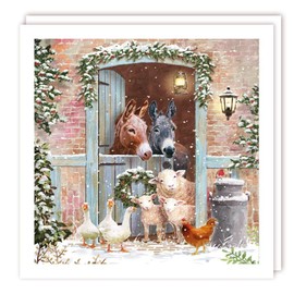 Tracks Publishing Charity Christmas Cards - Donkeys, Geese and Sheep at Snowy Barn Gate - Eco-Friendly - Pack of 5 Cards