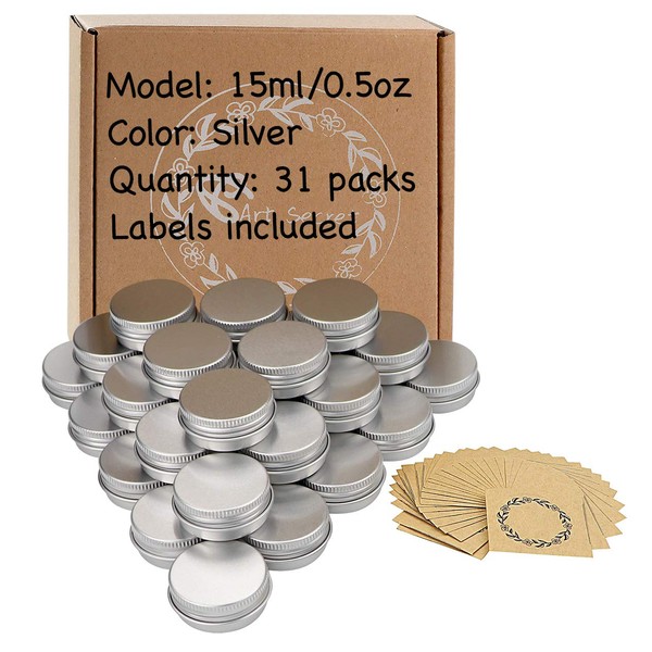 31pcs 0.5oz/15ml Sliver Aluminum Tin Jar with Screw Lid and Blank Labels
