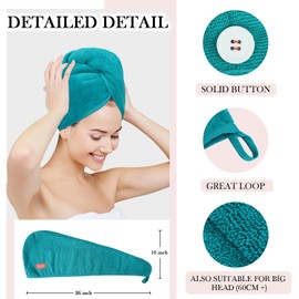 YoulerTex Microfibre Towel Hair Turban: Pack of 2 Hair Turban Microfibre Hair Towels Long Curls Head Towels Quick Absorbent with Button Quick Drying for Women Children