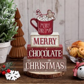 Yousoontic 4 Pcs Hot Cocoa Bar Christmas Wooden Table Decorations Gingerbread Rustic Block Signs Centerpiece Tiered Tray Xmas Wood Farmhouse Tabletop Decor Gift for Kitchen Entryway Home Desk