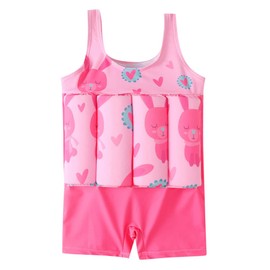 IWEMEK Boy Girls Floatation Swimsuit with Adjustable Buoyancy Baby Swim Vest Life Jacket Summer Training Float Suit One Piece Floating Swimwear Safety Pool Bathing Suit for Kids Pink Rabbit 4-5 Years