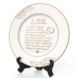 Urllinz 1st Anniversary Plate with 24k Gold Foil - 1 Year Paper Anniversary Wedding Gifts Decorations for Him Couples Wife Husband, Ceramic 9"