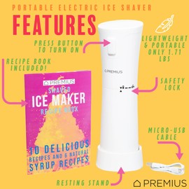 Cordless Shaved Ice Maker by PREMIUS – Lightweight, Rechargeable, Bonus Recipe Book, Resting Stand – Caribbean Shaved Ice! USB Cord Included – Up to 40 Snow Cones Per Charge! No Molds Needed! (White)