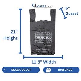 ASSUREPAK Easy Opening Black Printed HDPE T-Shirt Plastic Bags - 1/6 BBL 11.5"X6"X21" 800 Bags - 13 microns - Black