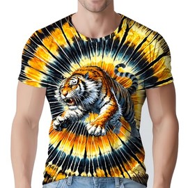Ugtewxu Tie Dye Tiger Shirts for Men's 70s 80s 90s Retro Hippie Rainbow Short Sleeve Tees Washable Vintage Festival Clothing X-Large