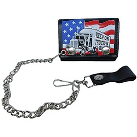 Keep On Truck'n USA Flag Mack Truck Genuine Leather Wallet With Chain (4 inch)