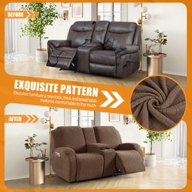VANSOFY Recliner Loveseat Cover with Middle Console Stretch Reclining Sofa Slipcover for 2 Seat Jacquard Reclining Couch Sofa Covers Furniture Protector with Elastic Straps Bottom (Coffee)
