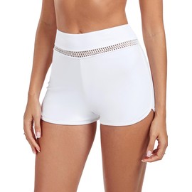 Ocean Blues Women's White High Waist Swim Shorts Full Coverage Board Shorts with Mesh Detail Size Small