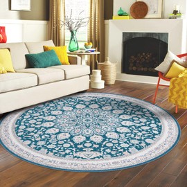 HOMETHIC 6ft Round Area Rugs Machine Washable Boho Rug Oriental Floral Soft Indoor Carpet Low Pile Non Slip Large Rugs for Living Room Bedroom Dining Room Decor Aesthetic, Blue