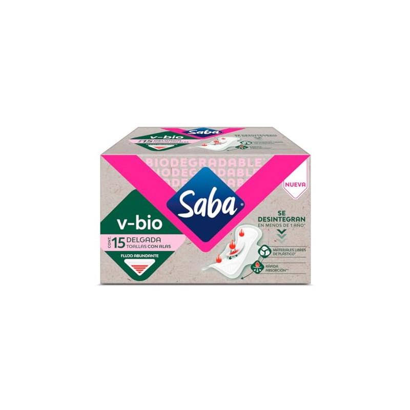Saba V-Bio ToallasFemeninas con Alas delgada, 15 piezas