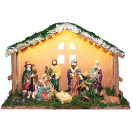 Wooden Nativity Set with Lighted, Christmas Crib Set with 9 Nativity Figures, Nativity Stable with Moss Decoration, Light Up Nativity Scene Christmas Decoration for Indoor, Living Room, Tabletop