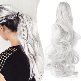 Claw Clip Ponytail Extension 18" Clip in Wavy Ponytail Hair Extensions Long Pony Tails for Women Extensions Silver Grey Wave Hairpiece