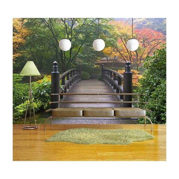 wall26 - Wooden Bridge at Portland Japanese Garden Oregon in Autumn - Removable Wall Mural | Self-Adhesive Large Wallpaper - 66x96 inches