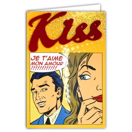 Afie Card Je t'aime mon Amour Hologram in Gold Shiny Kiss Kiss Red Relief Felt Glued Couple Pop Art Comics American Comics BD Sentiments Valentine's Day February 14th with Envelope 65-1126-A