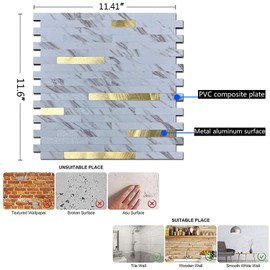sanyeskkiy 10-Sheet Peel and Stick Backsplash Tile, PVC Mixed Metal Stick on Kitchen, Bathroom Vanities, Fireplace Décor, Laundry Table(11.81" X 11.53") (10, White Marble + Golden-2)