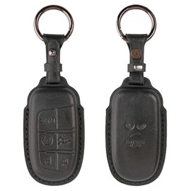 Car Key Fob Cover Case Leather 5 Buttons with Keychain Key shell for 2018 2019 2020 2021 2022 Dodge Journey Durango Challenger Charger Jeep Grand Cherokee Compass Renegade Chrysler 300 Black