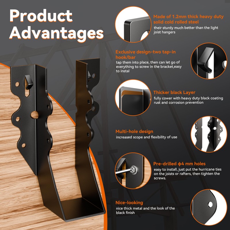 25 Pcs Black 2x6 Joist Hangers for Wood, Rafter Brackets,