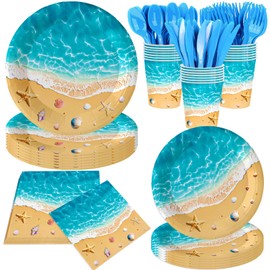 140Pcs, Beach Party Supplies Ocean Waves Tableware Set Summer Beach Birthday Decorations Plates and Napkins Hawaiian Party Ocean Paper Plates, Serve for 20 Guest
