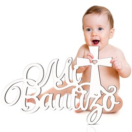 Bucherry Wooden Baby Shower Signage - Mi Bautizo Decorative Sign, Rustic Style, 38 x 25 x 0.5 cm, Wood Material, Wall Mount