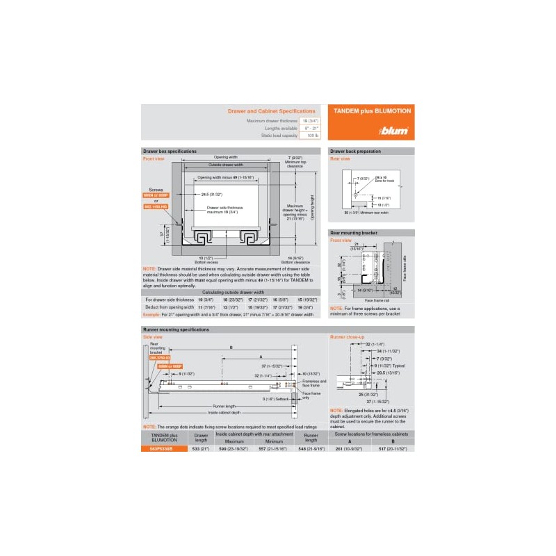 BLUM 21 Inch Full Extension Concealed Undermount Drawer Slide 563F5330B
