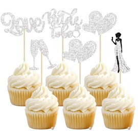 30 piezas de adornos para cupcakes con purpurina para novia con anillo de corazón de champaña para despedida de soltera, decoración para bodas, compromisos, suministros de despedida de soltera, color plateado