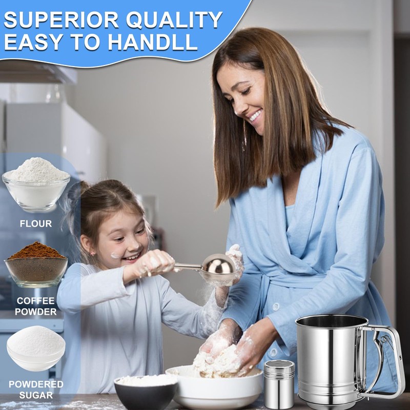 Flour Sifter Stainless Steel,3 Cup Flour Sifter for Baking,3 in1