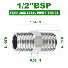 TAISHER 2PCS 304 Stainless Steel New Hex Nipple, 1/2" BSP Male x 1/2" BSP Male, Pipe Adapter Fitting
