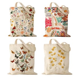 Canvas Tote Bag,Reusable Grocery Bags 4Pcs,Vintage Flowers Cute Canvas Bag for Casual Vacation,Shopping,Work,Gym