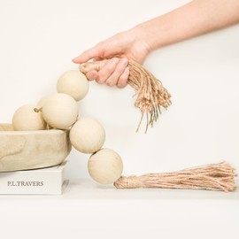 RUIRUICO Extra Large Wood Bead Garland with 2" Diameter Wooden Beads, Wooden Beads Garland with Tassels, Decorative Beads for Farmhouse Decor (Natural, 43 Inches)