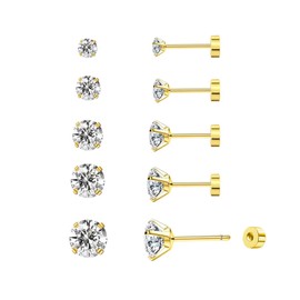 QXXPVV 5Pairs 20G Threadless Flat Back Stud Earrings, Hypoallergenic Cubic Zirconia Silver Gold Black Stud Earrings Surgical Stainless Steel Stud Earrings for Women Men (D-Gold 20G)