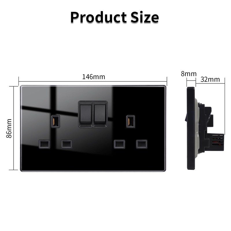 JIMEIDA 2 Pack Black Double Switched Power Socket 13 Amp