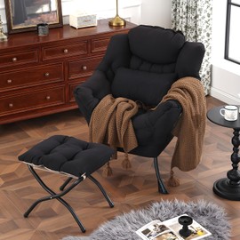 DreamNook Lazy Chair with Ottoman, Modern Accent Chair with Lumbar Pillow, Comfy Chair with Folding Footrest for Bedroom, Reading, Oversized Supportive Lounge Chair(Black)